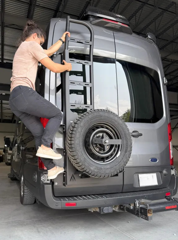 Atlas Roadcamp Rear Door Tire Carrier with Ladder for adventure vans